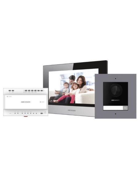 Video HIKVISION Kit videointerfon IP Hikvision DS-KIS702, conexiune pe 2 fire, pentru o singura familie, componenta kit: post ex