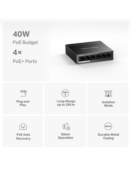 Switch-uri Mercusys Desktop Switch MS106LP 6 porturi 10/100Mbps, Standarde si protocoale IEEE 802.3x Flow Control, 4 porturi POE