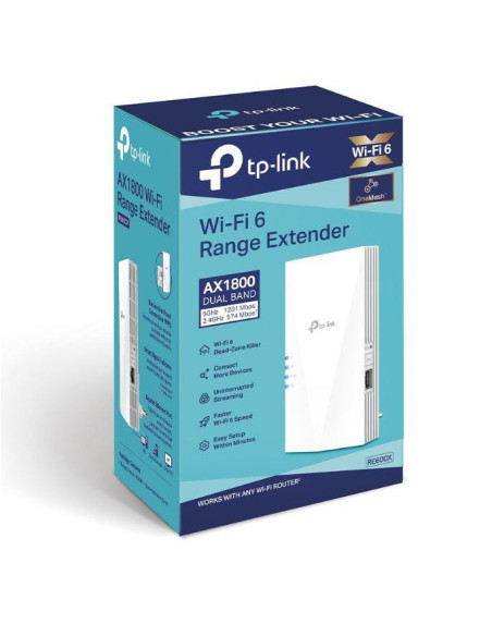 Access point & Range Ext. TP-link AX1800 Wi-Fi6 Range Extender, RE600X, Dual-Band, Standarde wireless: IEEE 802.11a/n/ac/ax 5GHz