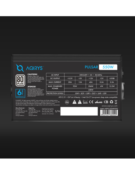 Surse PC AQIRYS Sursa Aqirys Pulsar, 80 PLUS White, RGB, 550 W