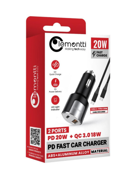 Incarcatoare telefoane LEMONTTI Incarcator auto Lemontti Fast Charge 1 x port PD Type-C 20W + 1 x port USB-A QC 3.0 18W cu cablu