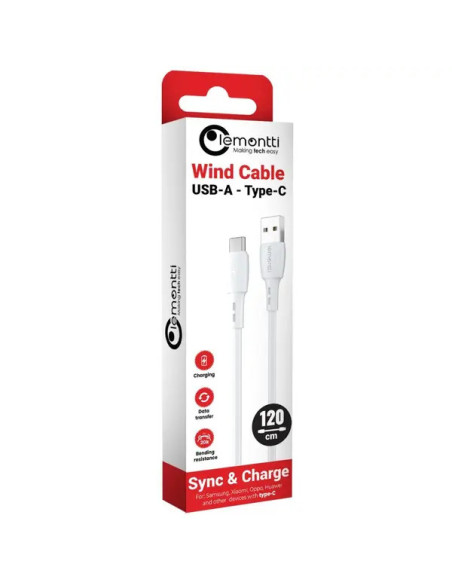 Cabluri periferice LEMONTTI Cablu Lemontti Wind Fast Charge USB-A la Type-C, lungime 1.2m, Alb