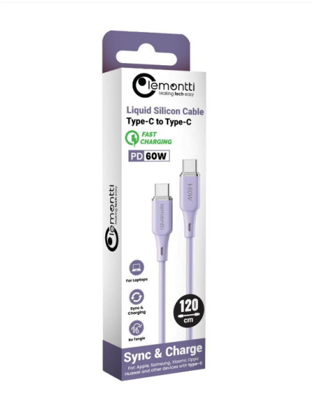 Cabluri periferice LEMONTTI Cablu Lemontti Liquid Silicon Type-C la Type-C, Fast Charge, PD 60W, lungime 1.2m, Mov