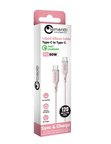 Cabluri periferice LEMONTTI Cablu Lemontti Liquid SiliconType-C la Type-C, Fast Charge, PD 60W, lungime 1.2m, Roz