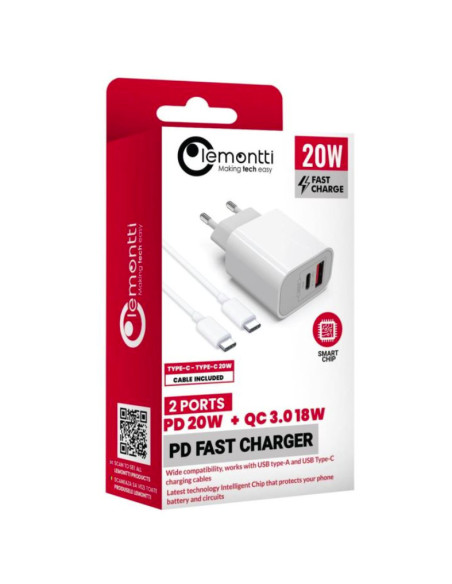 Incarcatoare telefoane LEMONTTI Lemontti Set Incarcator Retea Fast Charge 20W 1 x PD Type-C + 1 x USB-A Quick Charge 3.0 si cabl