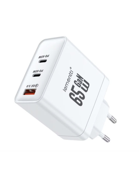 Cabluri periferice LEMONTTI Lemontti Incarcator Retea GaN 2x Type-C si 1x USB-A, 65W, Fast Charge, EU Plug, Alb