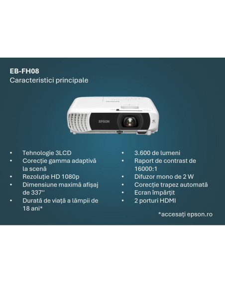 Videoproiectoare EPSON PROJECTOR EPSON EB-FH08, Tehnologie 3LCD, Luminozitate 3600 Lumeni, Rezolutie: FullHD 1080p, Aspect 16:9,